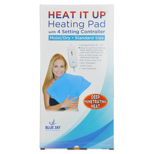 Packaging showing heat pad with four-setting controller and woman holding a blue heat pad against her shoulder