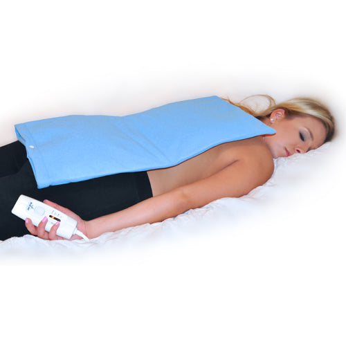 Heating Pad 12 x24 Moist/Dry with 4 Position Switch and Auto-Off shown in use on back for pain relief.