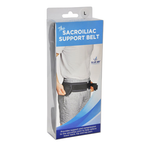Blue Jay Sacroiliac Belt Black Small 30 - 34 providing support and pain relief for sacroiliac joint and lower back.