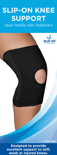 Knee support sleeve in black neoprene with open patella design and side stabilizers on bent knee