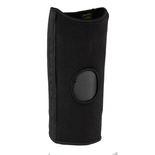 Black knitted elbow support sleeve with padded oval cushion in center and reinforced edges on white background