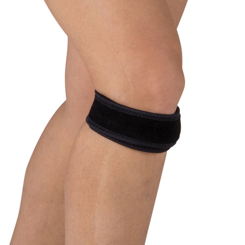 Blue Jay Universal Knee Strap Black shown worn below the kneecap providing compression and support.