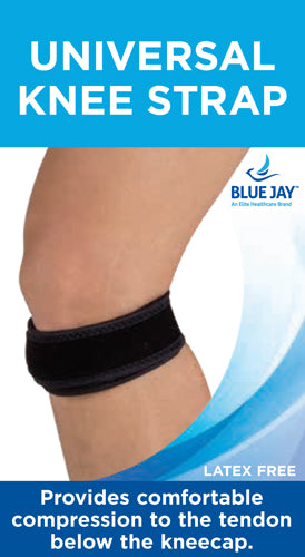 Blue Jay Universal Knee Strap Black providing adjustable compression to tendon below kneecap for pain relief and support.