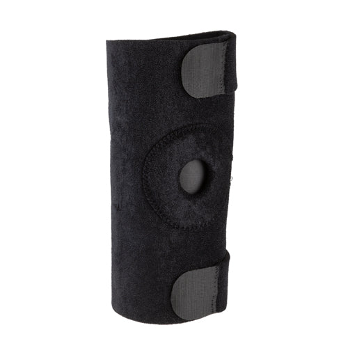 Black soft fabric elbow support sleeve with open circular cutout and adjustable hook and loop straps on white background