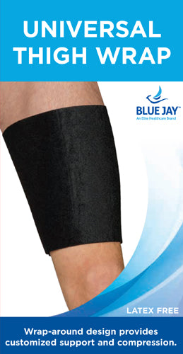 Black thigh compression wrap worn on upper leg with smooth texture against white and blue background