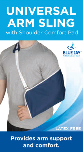 Blue and white arm sling with shoulder pad supporting arm on person wearing gray shirt against white background
