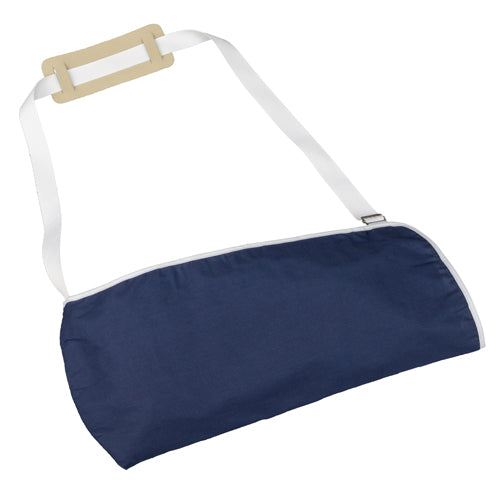 Dark blue fabric arm sling with white adjustable strap and padded shoulder support on white background