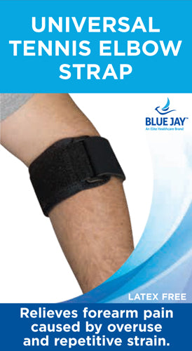 Black elastic strap secured around a forearm above the elbow with logo and promotional text on a blue and white background