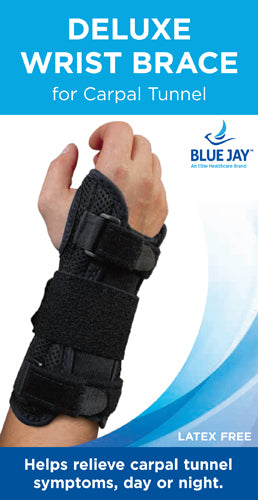Black supportive wrist brace with multiple adjustable straps worn on left hand against white background