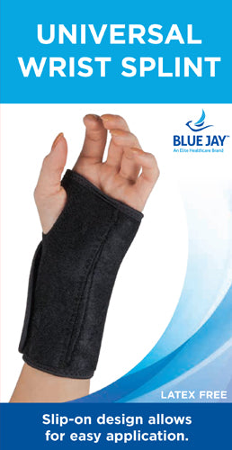 Hand wearing black wrist splint with reinforced support and open thumb design on light gradient background