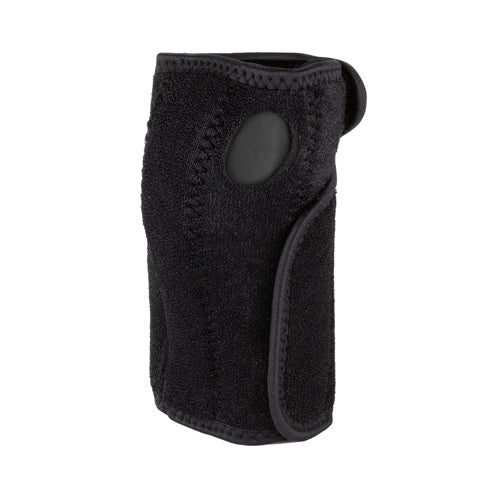 Black textured thumb sleeve support with reinforced opening and adjustable wrap closure on white background