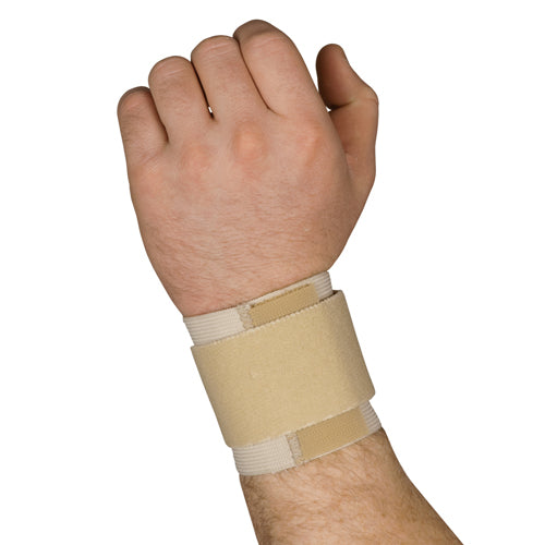 Beige elastic wrist support strap fastened around wrist with hook and loop closure on a white background