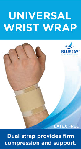 Beige dual strap wrist wrap secured on wrist with firm compression and support against white and blue background