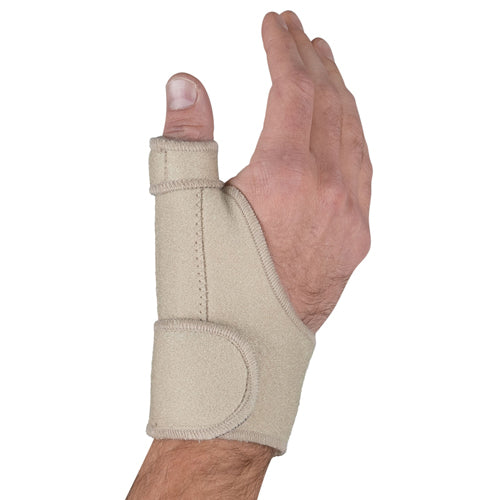Beige fabric thumb brace with adjustable wraparound strap supporting left hand against white background