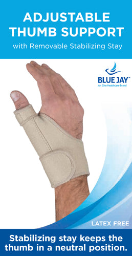 Beige adjustable thumb support brace with removable stabilizing stay worn on left hand against white background