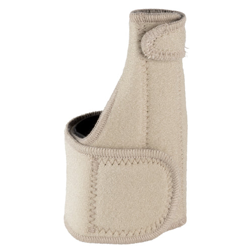 Beige fabric wrist brace with adjustable hook and loop straps for thumb and wrist support against white background