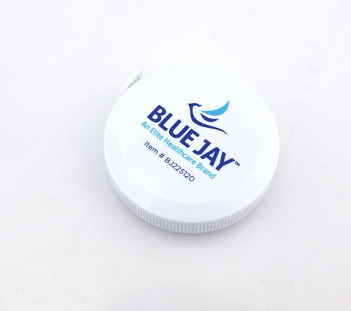 White circular container lid with Blue Jay healthcare brand logo and item number printed on top