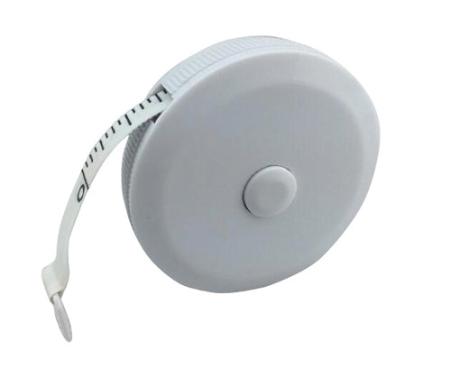 Round white retractable measuring tape with black measurement markings and central button release