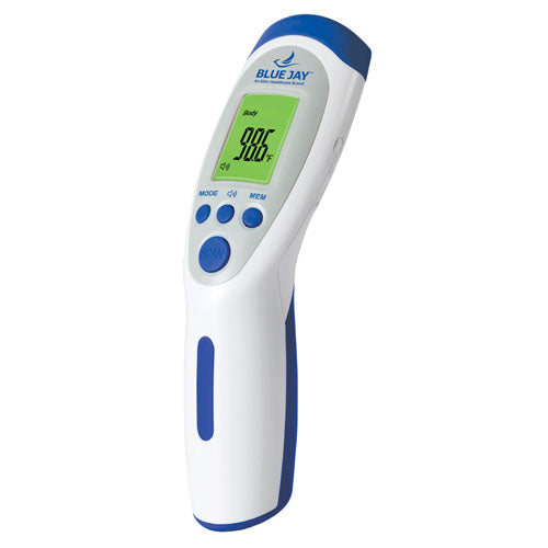White and blue non-contact digital thermometer with Green backlit screen displaying temperature reading