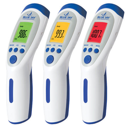 Three white and blue digital thermometers with green, yellow, and red backlit screens showing different temperature readings