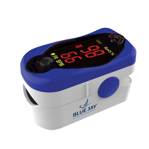 Compact blue and white fingertip pulse oximeter displaying oxygen saturation and pulse rate readings on screen
