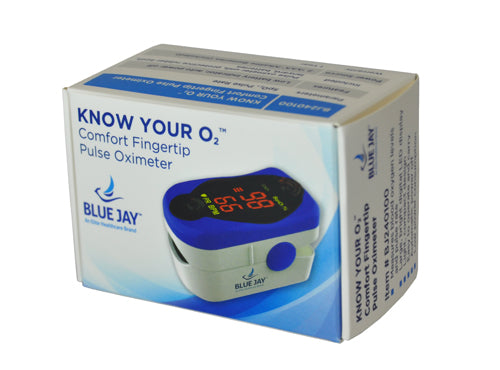 Box packaging of a Blue Jay branded fingertip pulse oximeter showing oxygen saturation and pulse rate readings on device screen