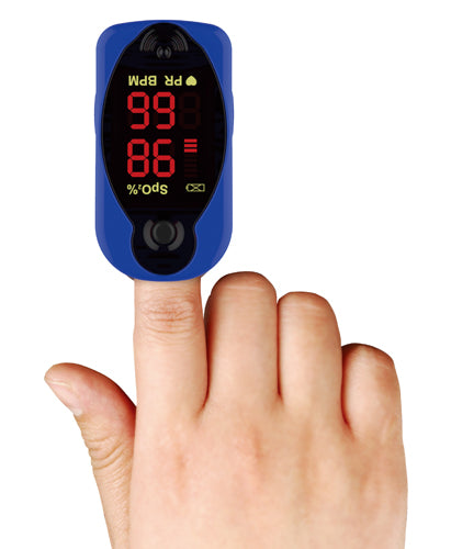 Blue fingertip pulse oximeter clipped on finger showing oxygen saturation and pulse rate readings on digital screen
