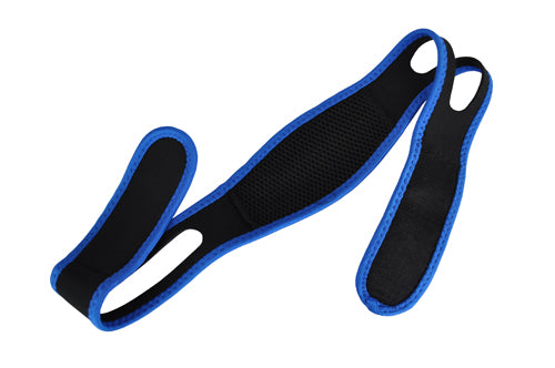 Black and blue adjustable strap with mesh panel and hook-and-loop fasteners on white background