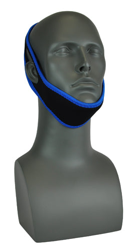 Black and blue chin strap with adjustable fit displayed on gray mannequin head against white background
