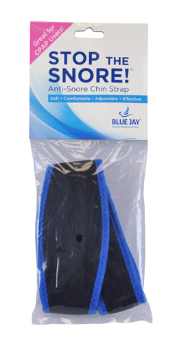 Black and blue anti-snore chin strap in clear packaging with product details and Blue Jay branding on white background