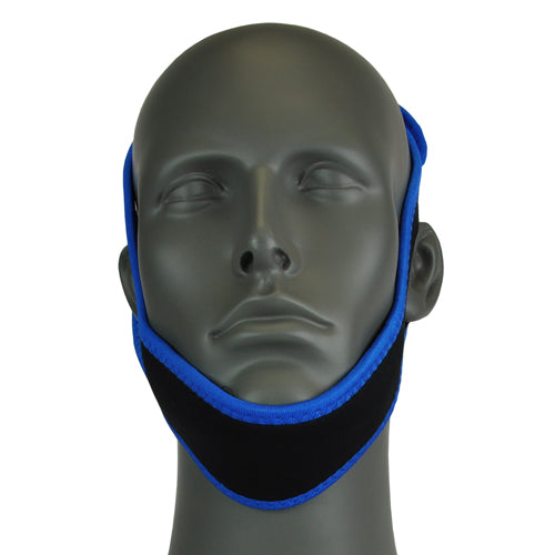 Black and blue chin strap on gray mannequin head shown from front against white background