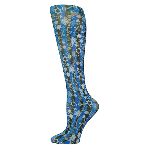 Knee-high sock with blue, gray, and white star and stripe pattern displayed on a transparent background