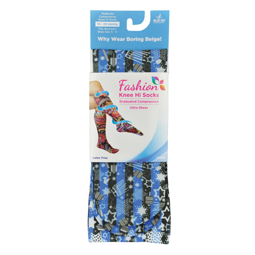 Pair of knee-high compression socks with blue, black, and white star and stripe pattern in retail packaging