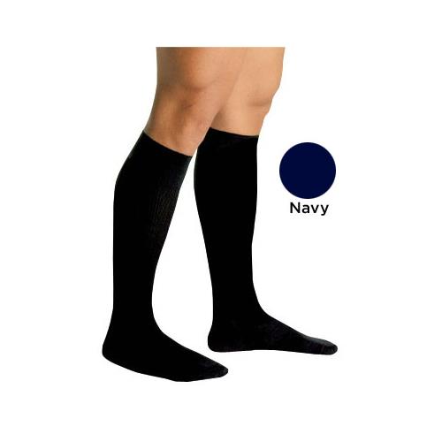 Men's Firm Support Socks 20-30mmHg Navy Small shown worn on legs, closed toe, rib knit for firm support and circulation.