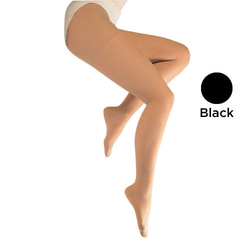 Ladies' Sheer Moderate X-Tall 15-20mmHg Panty Hose Black displayed on legs showing sheer compression and support.
