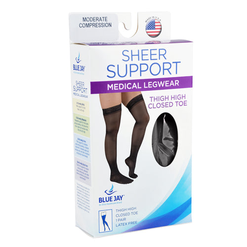 Packaging for Ladies' Shr Moderate Supprt XL 15-20mmHg Thgh w/StayTop Black showing medical thigh-high closed toe sheer support stockings.