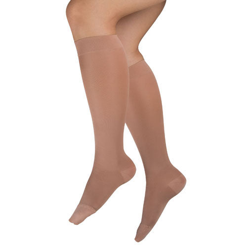 Ladies' Sheer Firm Support Lg 20-30mmHg Knee Highs Beige compression stockings for leg support and comfort.