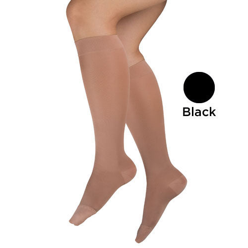 Ladies' Sheer Firm Support Lg 20-30mmHg Knee Highs Black providing moderate compression for tired legs and ankle support.