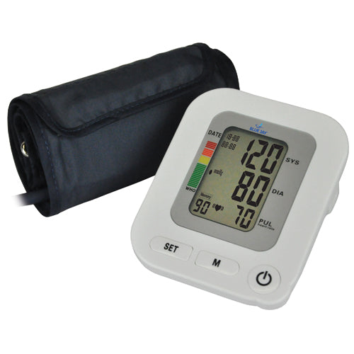 Digital blood pressure monitor with cuff showing systolic, diastolic, pulse readings and color-coded health indicator panel