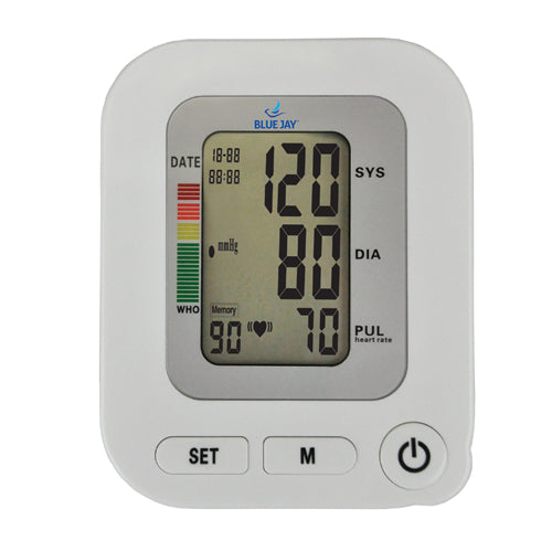 Compact digital blood pressure monitor with large display showing systolic, diastolic, pulse, and color-coded health indicator panel