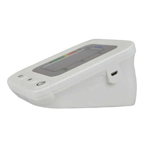 White digital blood pressure monitor angled to show side USB port and front control buttons on plain background