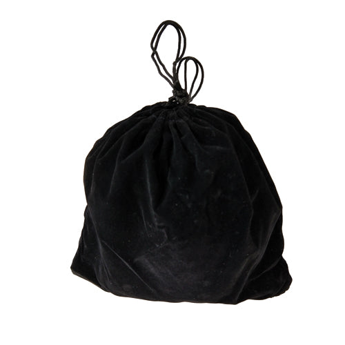 Black velvet drawstring pouch with two looped strings on plain white background