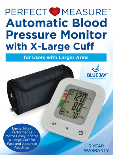 Digital blood pressure monitor with large cuff and clear display showing systolic, diastolic, and pulse readings on white background
