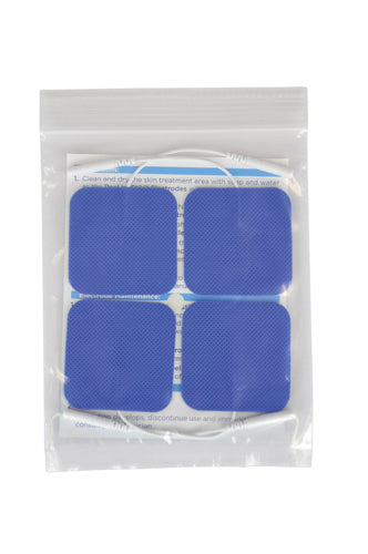Set of four blue square adhesive pads with attached white connector cables inside clear resealable plastic bag