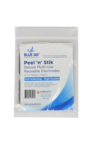 Clear resealable bag containing Blue Jay branded reusable multi-use electrode pads with product information printed on front