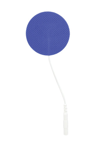 Single circular electrode pad in blue with textured surface and white connector cable on white background