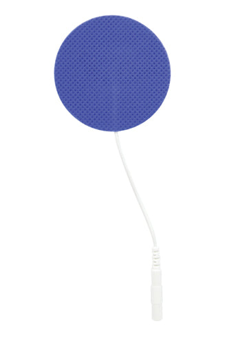 Round blue reusable electrode pad with textured surface and white connector wire on white background