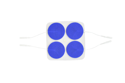 Four round blue reusable electrode pads attached to white connector wires on white background