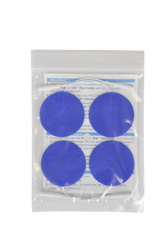 Four round blue adhesive electrode pads with textured surfaces sealed inside clear plastic pouch