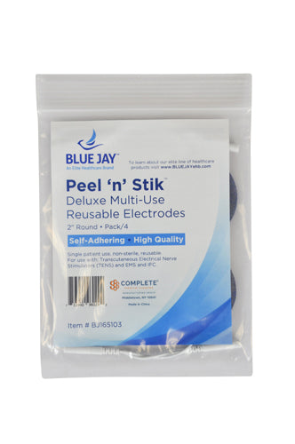 Clear resealable pouch with Blue Jay Peel 'n' Stik reusable round electrodes and product label visible through packaging